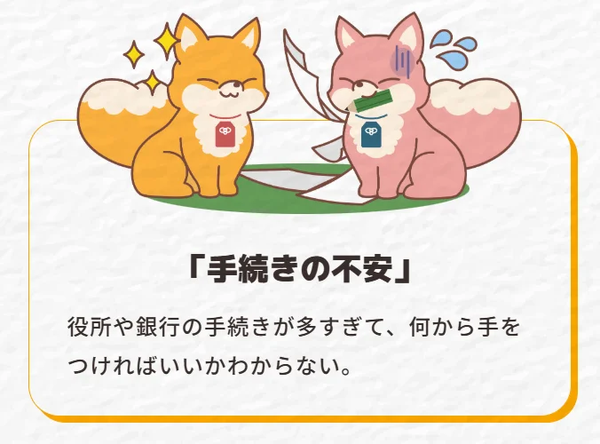 役所や銀行での手続きの多さに困惑し、何から手をつければ良いか分からないという「手続きの不安」を、二匹のキツネで表現したイラスト