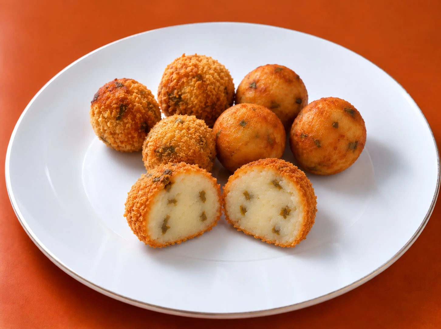 揚げ物、コロッケ、ポテトボール、食品、料理、スナック、おかず、白皿、オレンジ背景、サクサク、じゃがいも、パーティーフード、美味しい