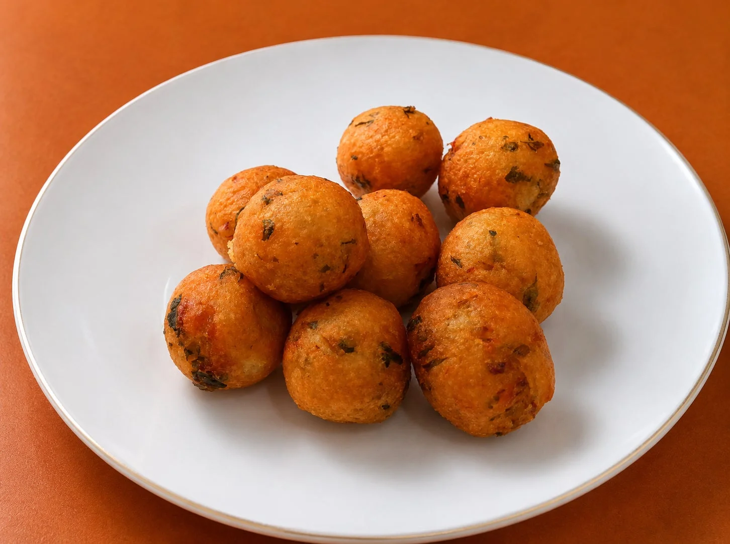 揚げ物、丸い食べ物、軽食、茶色、白い皿、料理、スナック、フィンガーフード、コロッケ
