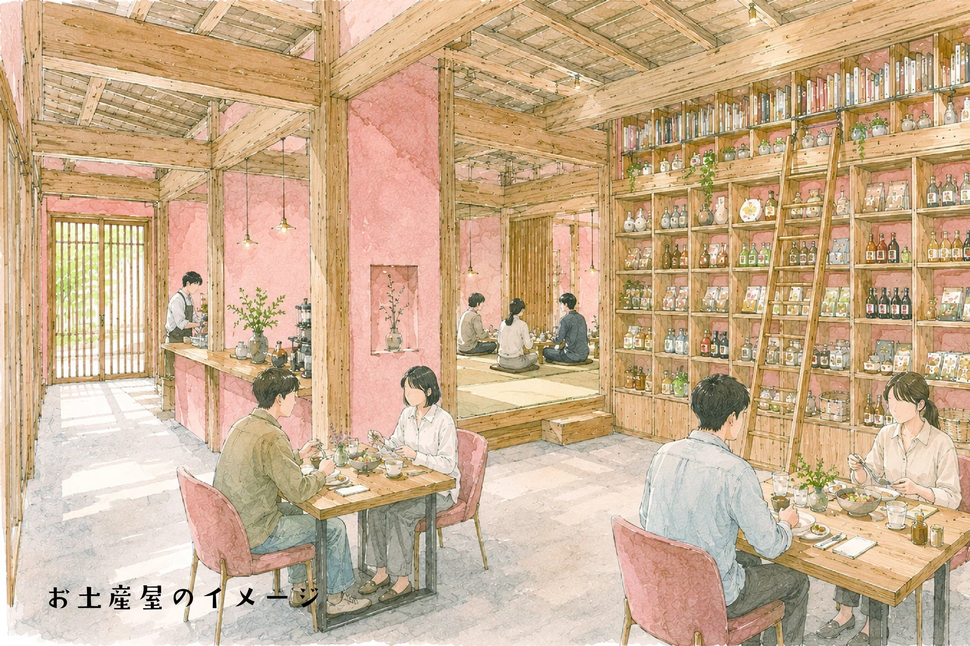 木材の梁とピンクの壁が特徴的な、和風のカフェ兼お土産屋のイラストです。店内では人々が食事を楽しんでおり、壁には商品が並んだ棚があります。