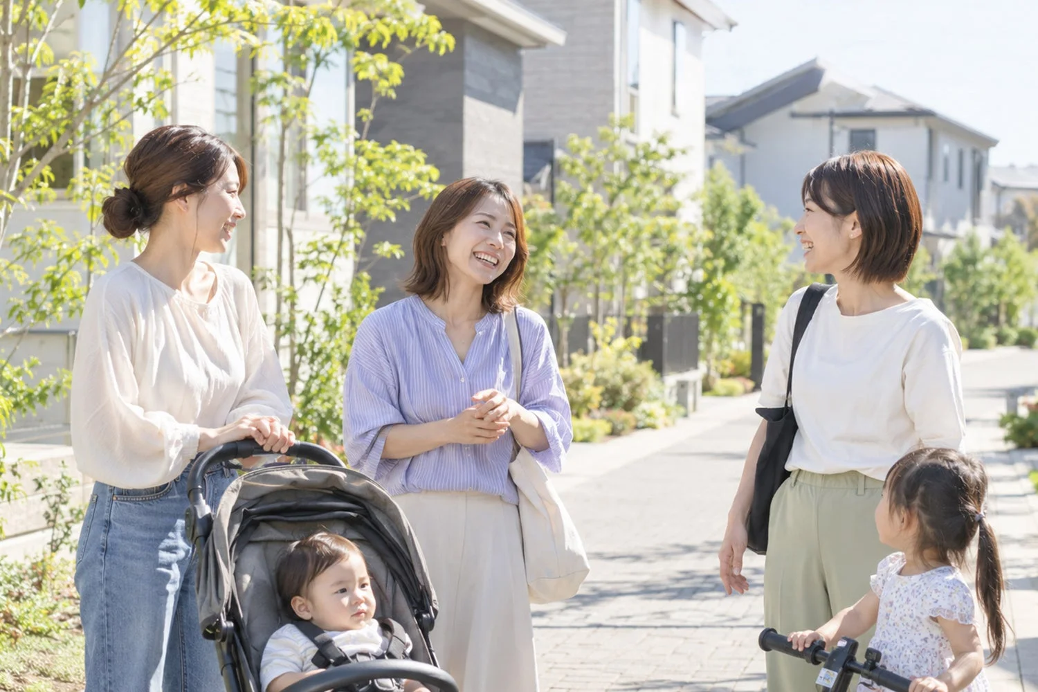 住宅街で子育て世帯が交流する様子