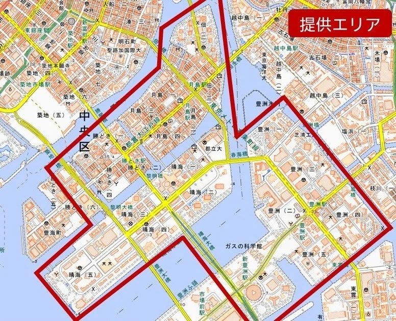 東京都中央区から豊洲、晴海、勝どき、月島を含む湾岸エリアの地図で、赤い線でサービス提供エリアが示されています。
