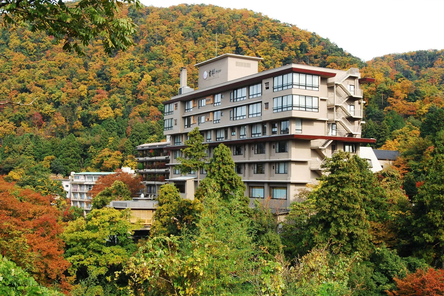 紅葉に囲まれた山中に建つ、モダンな建物（吉野荘 湯川屋）の風景。秋の美しい自然と調和した宿泊施設が描かれています。