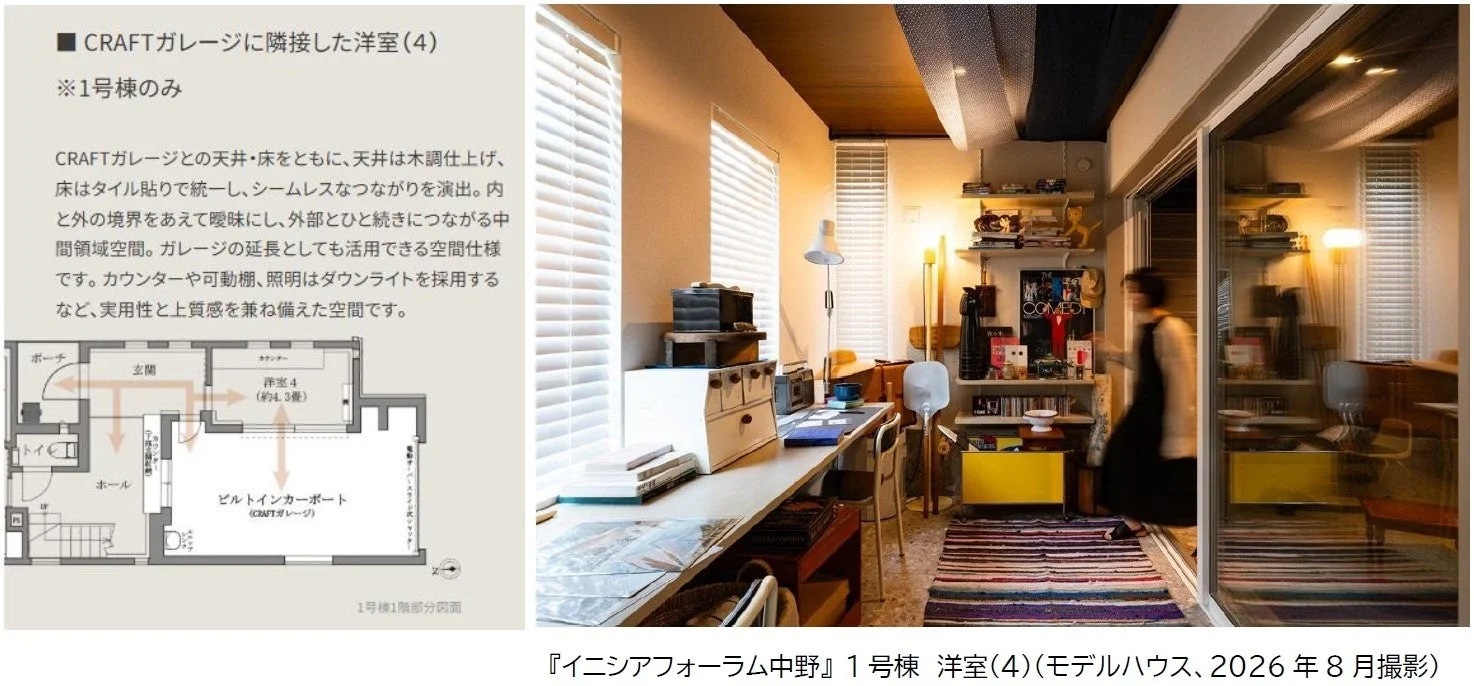 CRAFTガレージに隣接する洋室の内観と間取り図